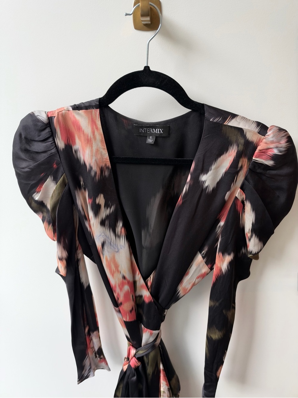 INTERMIX Black Floral Wrap Blouse with Pink and Cream Accents